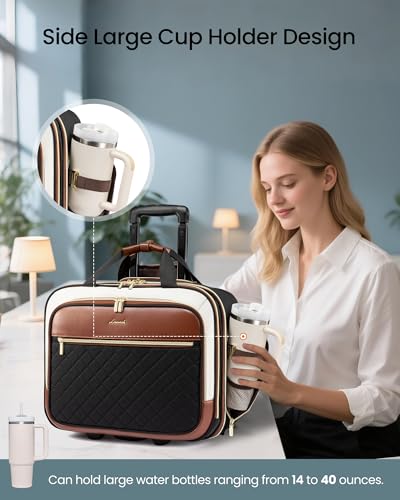 LOVEVOOK Rolling Laptop Bag Women, 17.3 Inch Laptop Briefcase with Wheels, Soft Sided Underseat Carry On Luggage Personal Item Suitcase for Work Travel Business, Black Brown Beige - color: Black-Brown-White