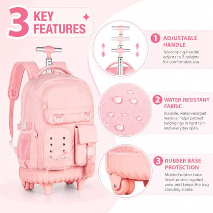 KLFVB Rolling Backpack for Girls, 3PCS Roller Bookbag with Lunch Bag for Kids, Wheeled School Bag for Teen - Pink Ribbon Bow - color: Pink Ribbon Bow Rolling Backpack