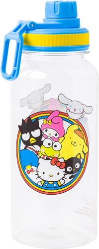 Silver Buffalo Sanrio Hello Kitty and Friends Featuring Badtz-Maru, Pompompurin, Keroppi, My Melody, Tuxedo Sam, Cinnamoroll, and Chococat Plastic Bottle with Sticker Set, 32 Ounces | Badtz-Maru, Pompompurin, Keroppi, My Melody, Tuxedo Sam, Cinnamoroll, C
