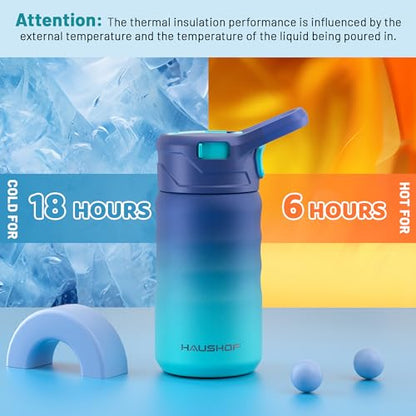 HAUSHOF Kids Water Bottle 12 oz BPA-free with Straw and Stickers, Stainless Steel Vacuum Double Wall Insulated cup with Leak Proof for school, Gift, Boys (Blue and Green) - color: Blue and Green(1 Pack)