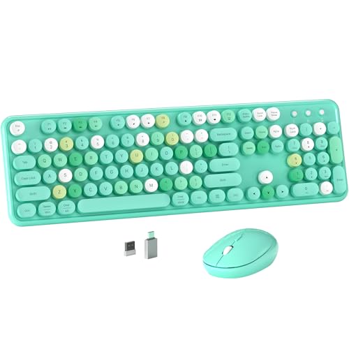 MPTOG Colorful Wireless Computer Keyboard and Mouse Combo with Round Typewriter Keycaps, Retro Design, Power Switch, Ergonomic Design, 2.4GHz Wireless for Windows, Mac, PC(Green-Colorful) - color: Green-Colorful