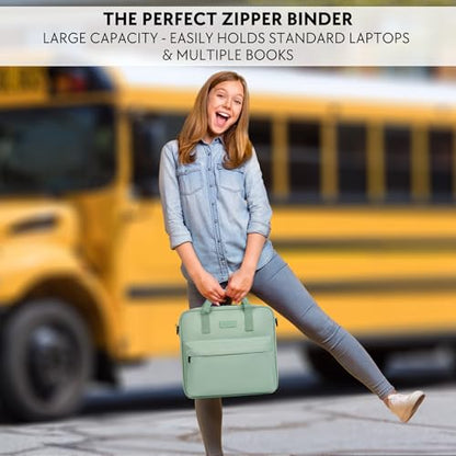 Sturdy 3 Ring Zipper Binder with Strap - 2" Binder with Pockets Holds 500 Sheets, Laptop & More - Durable & Easy to Carry - color: Sage