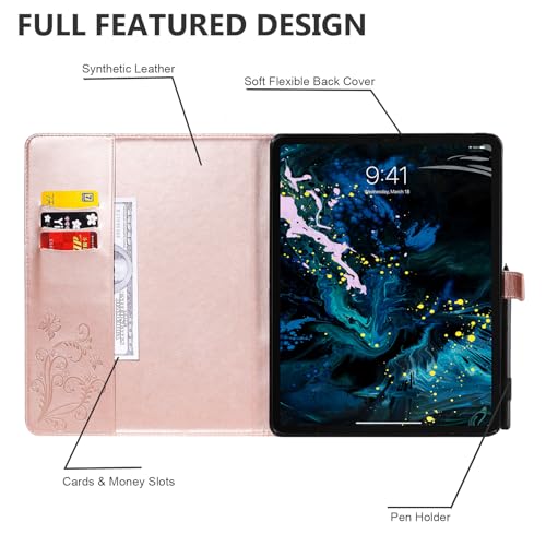 Dteck Wallet Case for iPad Air 13 Inch M2 2024 & iPad Pro 12.9 2022/2021/2020/2018 with Pencil Holder,Embossed Butterfly Auto Sleep/Wake PU Leather Smart Stand Girls Cute Folio Pocket Cover,Rosegold - color: 10 Rosegold