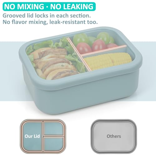 100% Silicone Bento Box Adult with 3 Compartments, 48oz, Reusable Divided Lunch Box Meal Prep Containers for Entree and Side Food Snack Storage, BPA-Free Plastic-Free, Microwave Dishwasher safe, Green - color: Green | 48oz | 3-Compartment