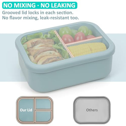 100% Silicone Bento Box Adult with 3 Compartments, 48oz, Reusable Divided Lunch Box Meal Prep Containers for Entree and Side Food Snack Storage, BPA-Free Plastic-Free, Microwave Dishwasher safe, Green - color: Green | 48oz | 3-Compartment