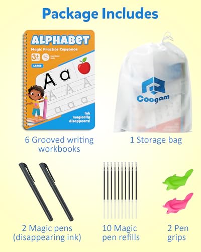 Coogam 6Pcs Magic Grooved Writing Practice for Kids, Grooved Handwriting Copybook with Pens, Learn to Write Number Letter Tracing Workbook for Kids Age 3-8 Preschool Learning Activities