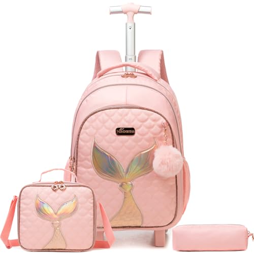 Kids Rolling Backpack for Girls Trolley Suitcases Luggage Travel with Wheels Bookbag Wheeled 17" 3PCS Roller Backpacks Toddler Back Pack School Bags Set for Elementary Mermaids Pink - color: 5225-yuweiba-pink