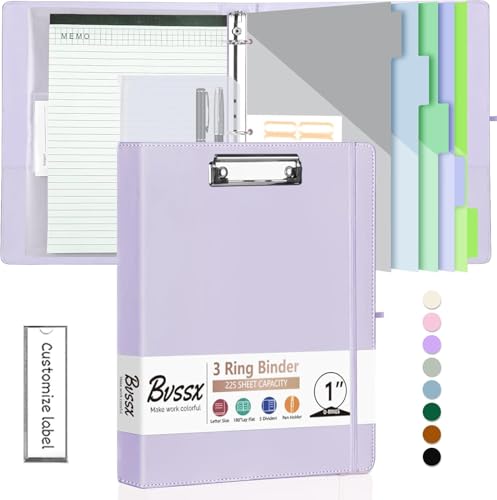 3 Ring Binder with Clipboard,1 Inch Binders with Notepad&5 Dividers with Pockets, Labels,PU Clipboards for School Office(Purple,Letter Size) - color: Purple, size: Letter Size - 1 Inch