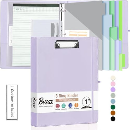 3 Ring Binder with Clipboard,1 Inch Binders with Notepad&5 Dividers with Pockets, Labels,PU Clipboards for School Office(Purple,Letter Size) - color: Purple, size: Letter Size - 1 Inch