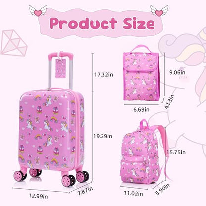 16’’ Kid’s Luggage Set with Spinner Wheels, Hardside with Suitcases,6 Piece | Carry on Luggage, Travel Rolling Luggage Airline Approved, Girls Boys - color: Unicorn