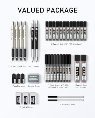 Nicpro 37PCS Art Mechanical Pencil Set, 4PCS Metal Drafting Pencil 0.3mm, 0.5 mm, 0.7 mm, 0.9 mm & 2PCS 2mm Lead Holder (6B 4B 2B HB 2H 4H Colors) For Sketching Drawing With 23 Tube Lead Refills Case - color: Black, style: 0.3 0.5 0.7 0.9 2.0