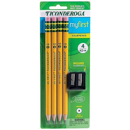 My First Ticonderoga Primary Size #2 Beginner Pencils, Pre-Sharpened, 4 Pencils with Bonus Sharpener, Yellow (33309)