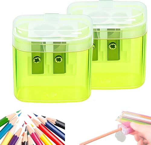Dual Hole Pencil Sharpener, Handheld Pencil Pharpener for Kids with Lid,Mini Compact Colored Pencil Sharpeners with Shavings Collector, for Classroom, Back to School, Home & Office (Yellow 2PCS) - color: Yellow 2pcs