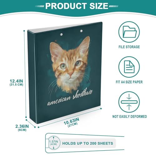 Fustylead American Shorthair Cat 3 Ring Binder, D-Rings 1.5" Hardcover Folder, Fits 200 Sheets of A4 Paper, Durable Clipboard & Clean View with Inside Pockets for School Home Office - size: 12.4x10.63x2.36 Inch-1 Pack