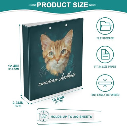 Fustylead American Shorthair Cat 3 Ring Binder, D-Rings 1.5" Hardcover Folder, Fits 200 Sheets of A4 Paper, Durable Clipboard & Clean View with Inside Pockets for School Home Office - size: 12.4x10.63x2.36 Inch-1 Pack
