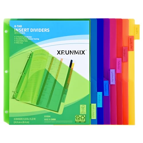 8-Tab Binder Dividers - Index Pockets Divider for 3 Ring Binders, 3-Hole Plastics Sheets Protectors for US Letter Size in 0.5'', 1'', 2'', 3 inch Binders, 8 Colors (XY004) (1 Pack)