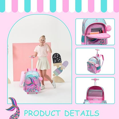 Mermaid Rolling Backpack for Girls with Lunch Box Kids Backpack with Wheels for School Cute Kids Rolling Backpacks for Girls Kindergarten - color: Pink Blue Mermaid