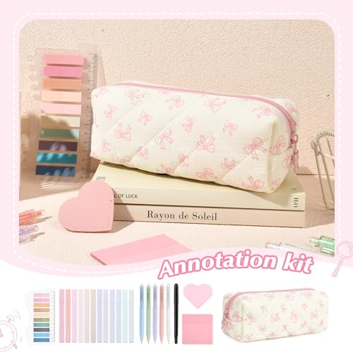 22Pcs Book Annotation Kit Aesthetic Pencil Case with Supplies School Annotation Supplies Gel Pen Transparent Sticky Note Taking Bible Study College Stationery Supplie (Pink Bows) - color: Pink Bows