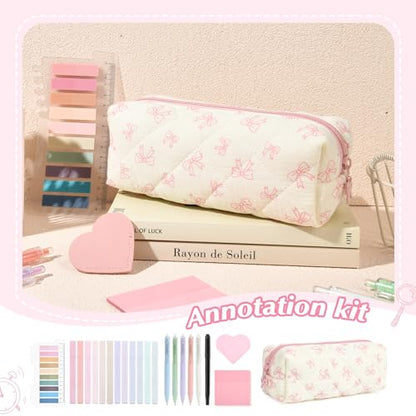 22Pcs Book Annotation Kit Aesthetic Pencil Case with Supplies School Annotation Supplies Gel Pen Transparent Sticky Note Taking Bible Study College Stationery Supplie (Pink Bows) - color: Pink Bows
