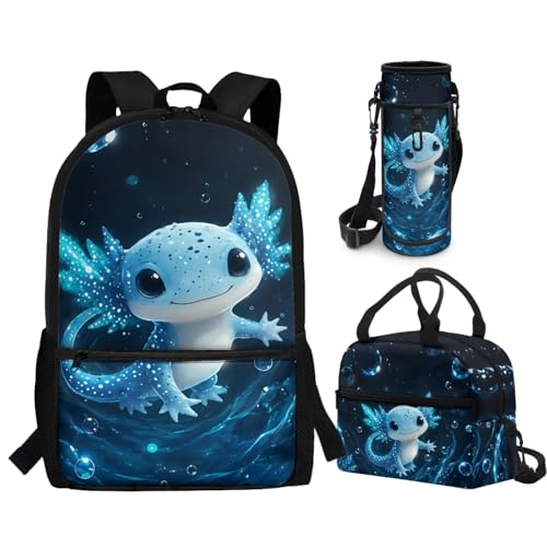 CLOHOMIN Blue Axoltol School Backpack for Kids with Lunchbox 6th Grade High School Bag and Lunch Bag and Water Bottle Holder for Girls Boys 12-14 Large Capacity Children Bookbag Set of 3 - color: Blue Axoltol