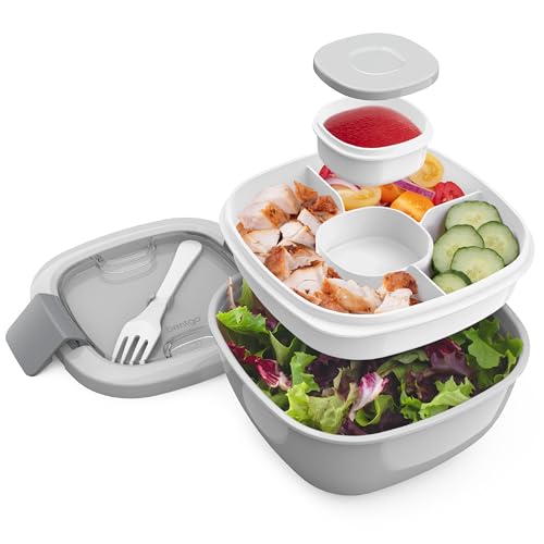 Bentgo Salad Container - 54 oz Bowl with 4-Compartment Toppings Tray, Leak-Proof Dressing Container, Reusable Fork, BPA-Free Lunch Box for Meal Prep & Food Storage; Removable Bento Tray (Gray) - color: Gray