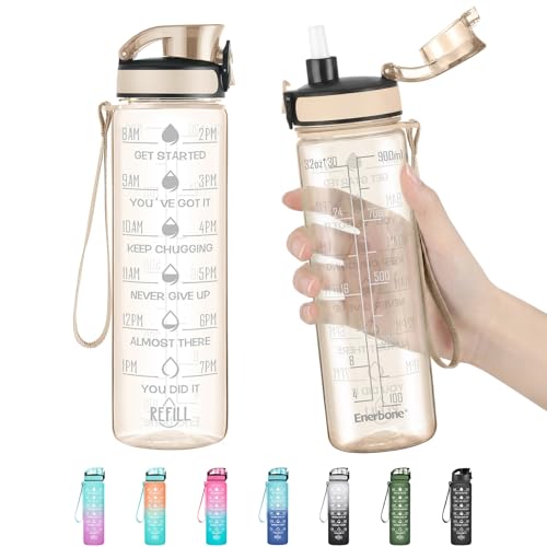 Enerbone Water Bottle, Leakproof BPA & Toxic Free, Motivational Water Bottle with Times to Drink and Straw, Fitness Sports Water Bottle with Strap for Office, Gym, Outdoor Sports - color: Amber, size: 32 Ounces