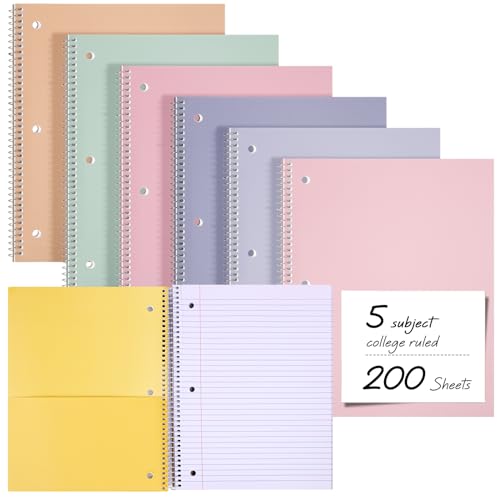 Qilery 6 Pack 5 Subject Notebook College Ruled with Hardcover 200 Sheets Thick Pages 8 x 10.5 Inch Spiral Journal Thick Notebook 3 Hole Assorted Colors Easy Tear Line Office(Pastel Colors) - color: Pastel Colors