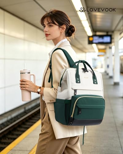 LOVEVOOK Lunch Backpack for Women, 15.6 Inch Laptop Backpack with Insulated Lunch Compartment,Built-in Cooler Work Bag,Wide Open Computer Backpack with Tumbler Holder,Water-Resistant Nurse Teacher Bag - color: Beige-green-black