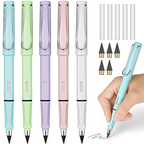 Ainiv Inkless Pencil with Eraser, 5 Sets Infinity Pencil Everlasting Pencil, Reusable Infinite Pencil with Extra 5 Eraser & 5 Replaceable Nibs, Endless Pencil for Home Office School Writing Drawing - color: 5 Sets Macaron
