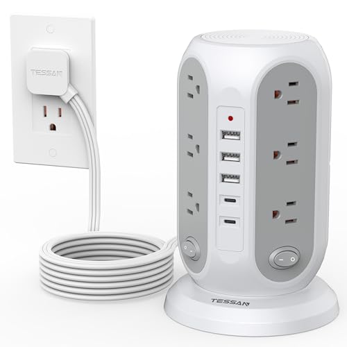 TESSAN Tower Power Strip with Individual Switches, Surge Protector with 12 Outlets, 5 USB Ports(2 USB C), Flat Extension Cord 10 Ft, 1250W, Charging Station for Multiple Devices, Office, Dorm, Grey - color: Grey, size: 10 FT