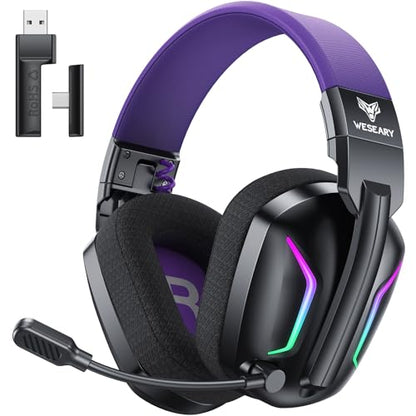 WESEARY Wireless Gaming Headset for PS5, PS4, PC, Switch & Mac, 20ms Ultra-Low Latency, 2.4GHz USB & Bluetooth 5.4 Gaming Headphones with Mic, 50H Battery Life, 3D Spatial Audio, Dynamic Lighting - color: Soft Purple