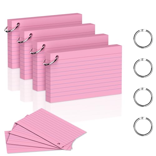 200 Count 3 x 5 Inch Pink Index Cards with Binder Rings, Lined & Blank Study Cards, Thick Cardstock Flash Cards for Students & Teachers, Color-Coded Notecards for School, Home, Work - color: Pink-Rings