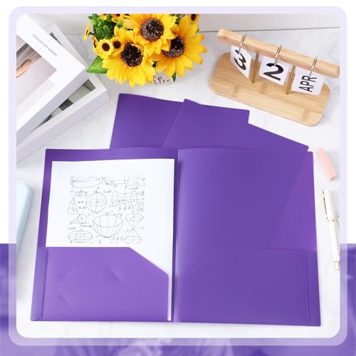 Gueevin 72 Pack Plastic Folder with Pockets, 2 Pocket Folders, Plastic Glossy Folders Fit Letter Size Paper, Heavy Duty Durable File Folder with Business Card for Home Office School (Purple) - color: Purple