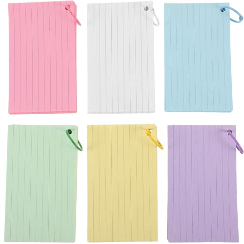 Cabilock Colored Lined Index Cards Flashcards 300 Sheets with 6 Metal Binder Rings, 6-color Pocket Blank Note Cards for Study, Office, School, and Memory Organization