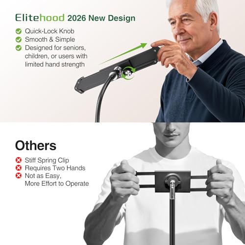 elitehood Diagonal iPad Tripod Stand, 72in Gooseneck Tablet Floor Stand | Quick Lock & Easy Use Diagonal iPad Holder, Heavy Duty Aluminum Tall iPad Stand for Pro 13 11, Mini, Air and 9-13" Tablets - size: 9–13" · Diagonal Clamp