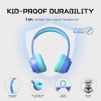 Kids Bluetooth Headphones, Toddler Headphones 85 dBA Safe Volume, 45 Hours Playtime, with Mic, Bluetooth 5.3, Kids Wireless Headset for iPad/Tablet/Travel/School, ldeal Gift (Blue) - color: Blue