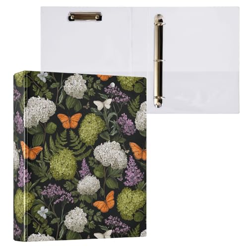 Botanical Hydrangea and Butterflies Binder 3 Ring 1.5 Inch Binder with Clipboard&Pockets, Hardcover Binders Heavy Duty Large File Folder for Office School Supplies - Holds 200 Sheets - color: Floral Fern and Butterfly, size: 1 Pack-12.4x10.63in