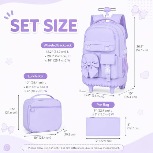 3Pcs Rolling Backpack for Girls Women, School Kids Roller Bookbag with Wheels, Wheeled Backpacks Set for Elementary (Purple) - color: Bow Purple