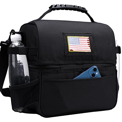 MIER Lunch Box for Men - Dual Compartment Adult Lunch Bag for Work, Black | Leakproof & Insulated; Lunchbox Cooler Tote with Side Bottle Holder; Detachable Shoulder Strap with Pad; Multi-Pockets - color: Black