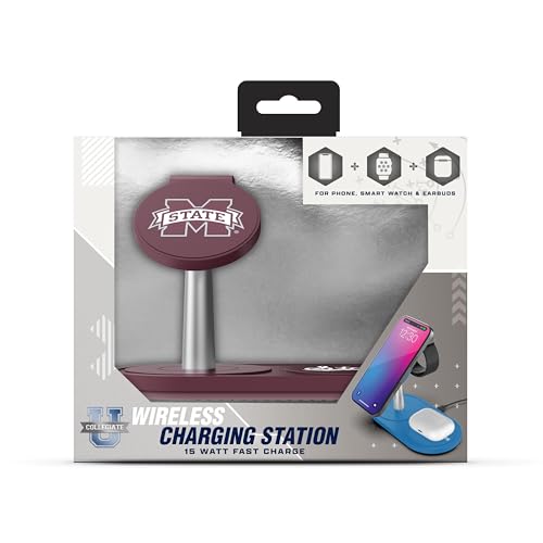 SOAR Collegiate 3-in-1 Wireless Charging Station - color: Mississippi State Bulldogs