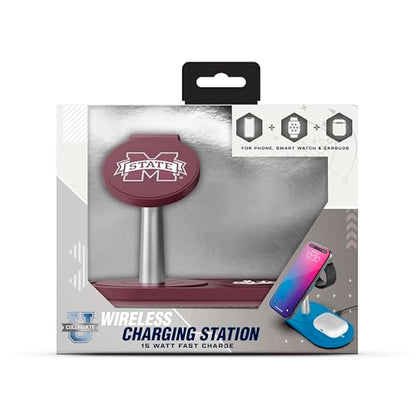 SOAR Collegiate 3-in-1 Wireless Charging Station - color: Mississippi State Bulldogs