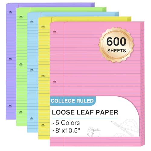 600 Sheets Loose Leaf Paper 8 x 10.5, 5 Colors Lined Paper College Ruled, 3 Ring Binder Paper 120 Sheets/Colors, 3 Hole Punched Notebook Paper 8 x 10.5, Colored Filler Paper for Office, School, Home - color: 5 Colors-600 Pcs