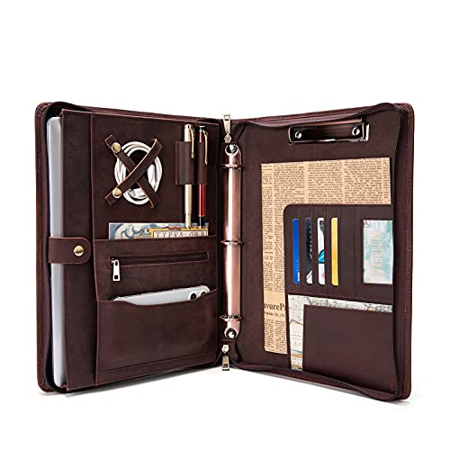 YIWEN Handmade Leather Portfolio with Handle, 3 Ring Binder, Zippered Padfolio for 13" Tablet, 8.5 x 11 Notepad, Professional Business Document Organizer (Dark Brown, Crazy Horse Leather) - color: Dark Brown, Crazy Horse Leather, size: Standard