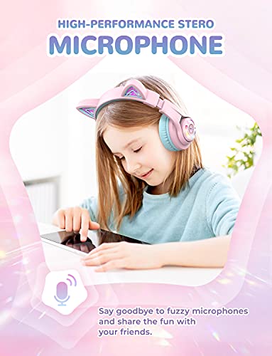 iClever BTH13 여아용 아동용 블루투스 헤드폰, LED 고양이 귀 여행 선물 | SafeSound Tech, 50시간 재생, USB C 충전, AUX 케이블, 스테레오 사운드, 태블릿용 마이크가 있는 아동용 헤드폰 무선, 핑크 - color: 핑크