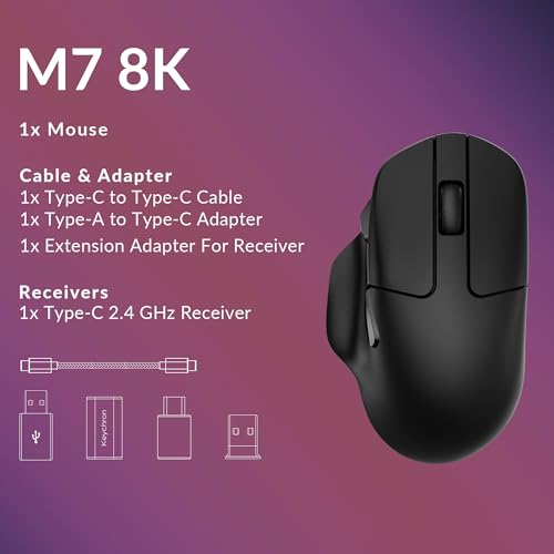 Keychron M7 8K Wireless Mouse, 30K DPI Optical Computer Mice, 2.4 GHz/Bluetooth/Wired with Macro Button 66g Lightweight Ergonomic, Up to 140 Hours Worktime for Laptop macOS/Windows - Black - color: Black, style: 8K Polling Rate