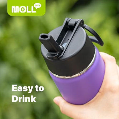 Water Bottle 16 oz Stainless Steel Double Wall Vacuum Insulated Wide Mouth Water Bottle for School-Metal Leak-Proof Travel Water Flask with Straw(Purple) - color: Purple, size: 16 Ounces