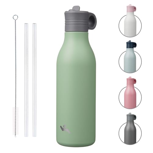 Konokyo 25oz Insulated Travel Water Bottle with Straw, Macaron Green | Stainless steel, BPA free, leak proof, double wall, dishwasher safe. Reusable for gym, workouts, and daily use - color: Macaron Green, size: 18 Ounces