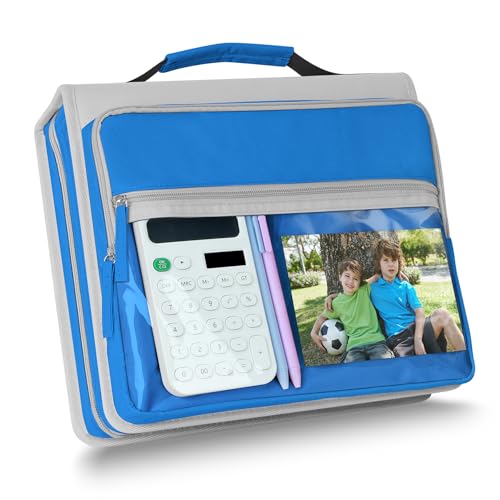 Ndsox Zipper Binder 3 Ring with Handle, 2 Inch O-Ring Document Organizer Middle School Binder with Zipper for Students, 5-Tab Expanding File Folder & 2 Mesh Pouches, DIY Clear Front Pocket, Blue - color: Blue