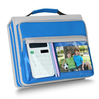 Ndsox Zipper Binder 3 Ring with Handle, 2 Inch O-Ring Document Organizer Middle School Binder with Zipper for Students, 5-Tab Expanding File Folder & 2 Mesh Pouches, DIY Clear Front Pocket, Blue - color: Blue