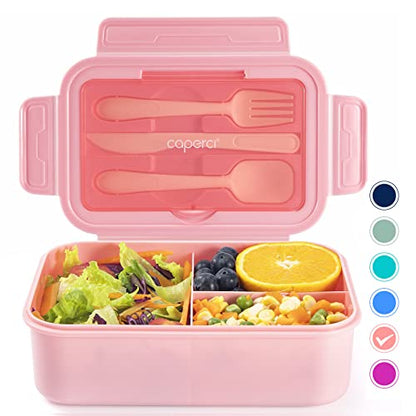 Caperci Classic Bento Box Adult Lunch Box for Older Kids - Leakpoof 47 oz 3-Compartment Lunch Containers for Adults and Teens, Built-in Utensil Set, Ideal for On-the-Go Balanced Eating, Pink - color: Pink